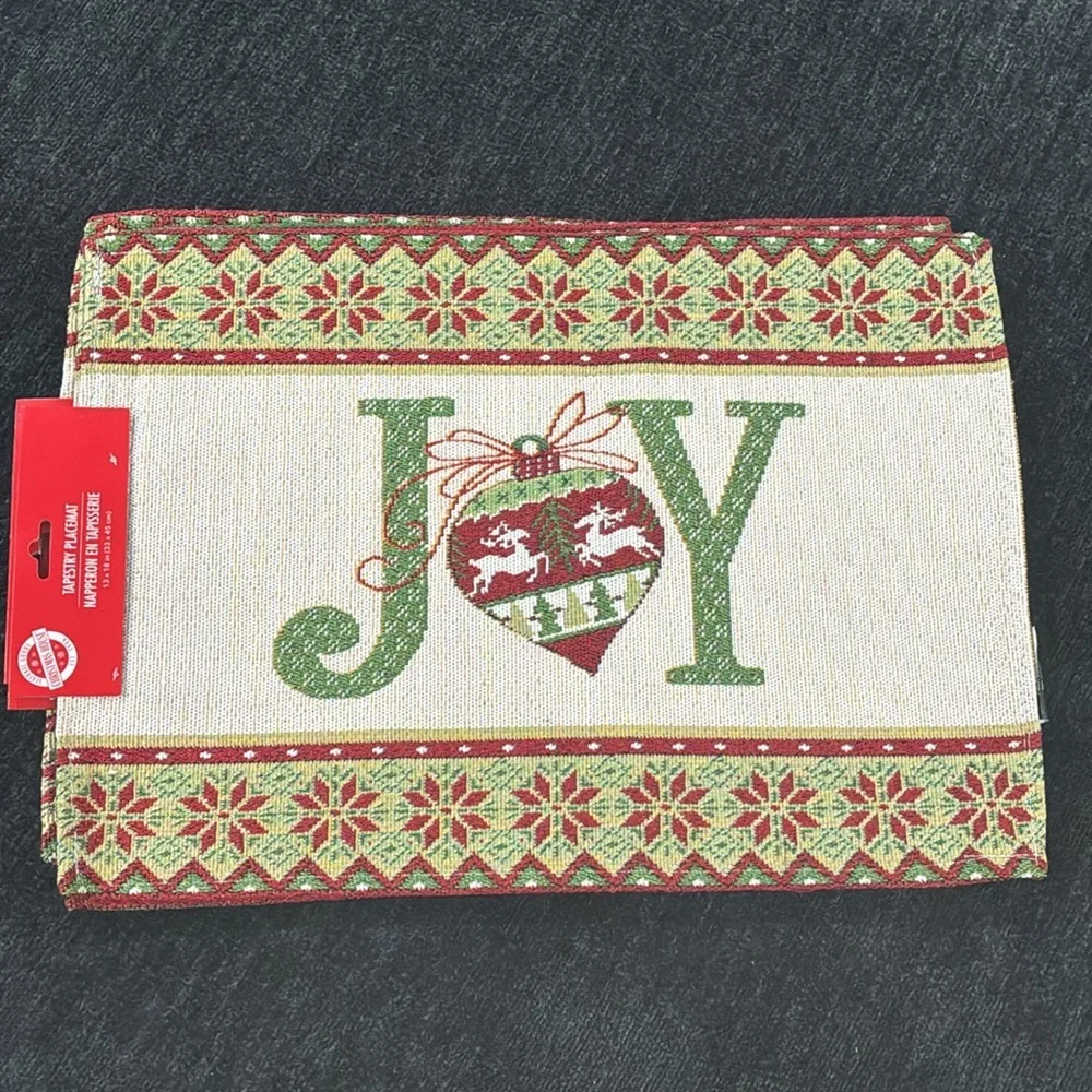 NWT- Set of 4- Cream- Red & Green JOY Ornament Holiday Tapestry Placemats 13x18